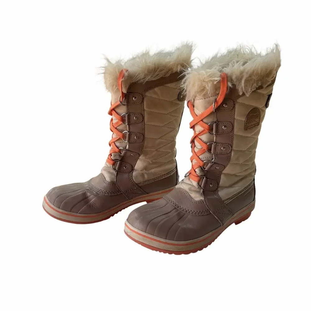 Sorel Tofino II Quilted Waterproof Winter Snow Boots Size 7 Beige Brown Faux Fur